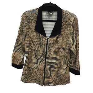 Slinky Brand Full Zip Blazer Jacket Vintage‎ Animal Print Womens M 3/4 Sleeve